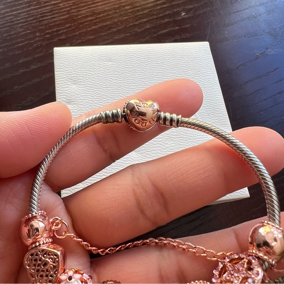 Pandora Rose Gold Pave Heart Clasp Bracelet with Fantasy Rose Gold Theme Charms - Picture 9 of 11